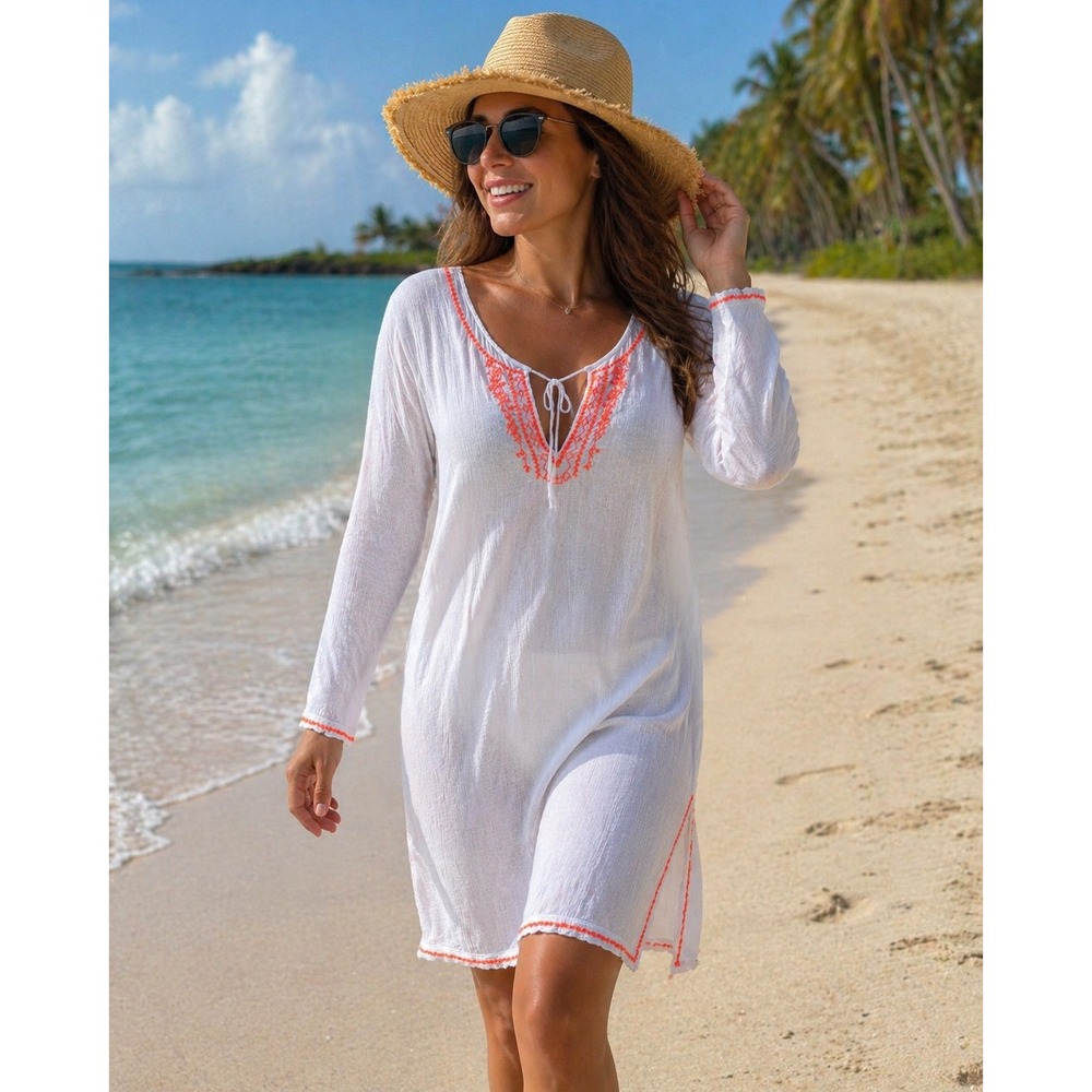 Old Navy Womens XXL White Cotton Gauze Embroidered Beach Cover Up Tunic Slit